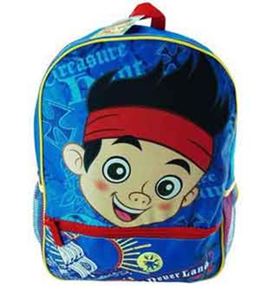 Blue 16-inch backpack with cartoon pirate boy face, red headband, and treasure map design.