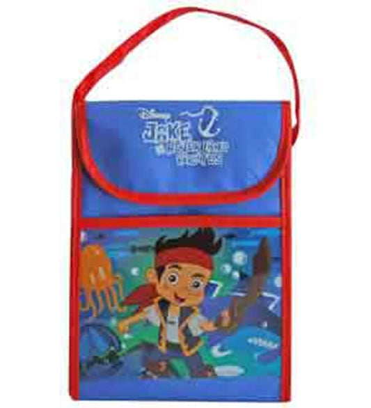 Blue and red non-woven lunch bag with Jake character print and red handle strap.