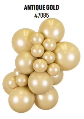 Kalisan Aura Antique Gold latex balloon color cluster showing the shade across multiple balloon sizes