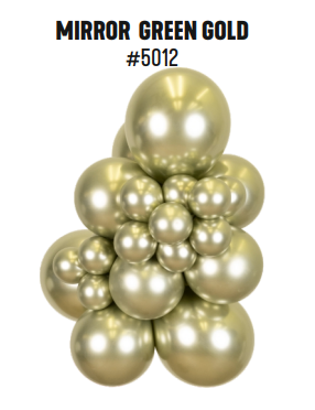 Kalisan Mirror Green Gold latex balloon color cluster showing the shade across multiple balloon sizes