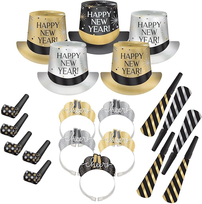 Set of gold, silver, and black New Year's party top hats with "Happy New Year" text, matching striped horns, noisemakers,.