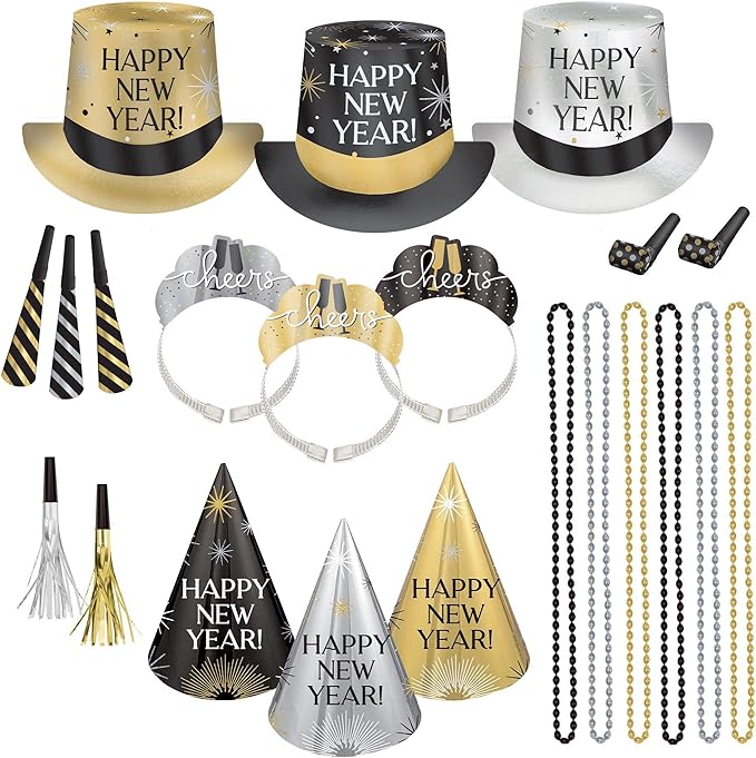 Set of New Year's Eve party accessories in black, gold, and silver including top hats, party cones, bead necklaces, noise.