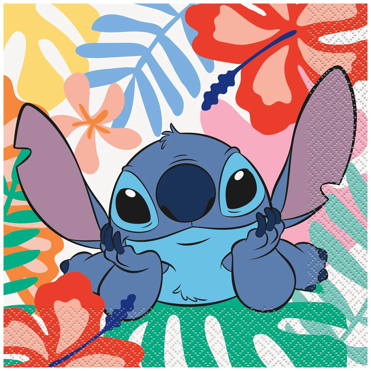 Blue cartoon Stitch character with big ears on colorful tropical floral background lunch napkin.