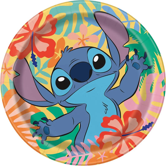 Round 9-inch paper plate featuring blue Lilo and Stitch character with large ears and tropical floral background in vibrant.