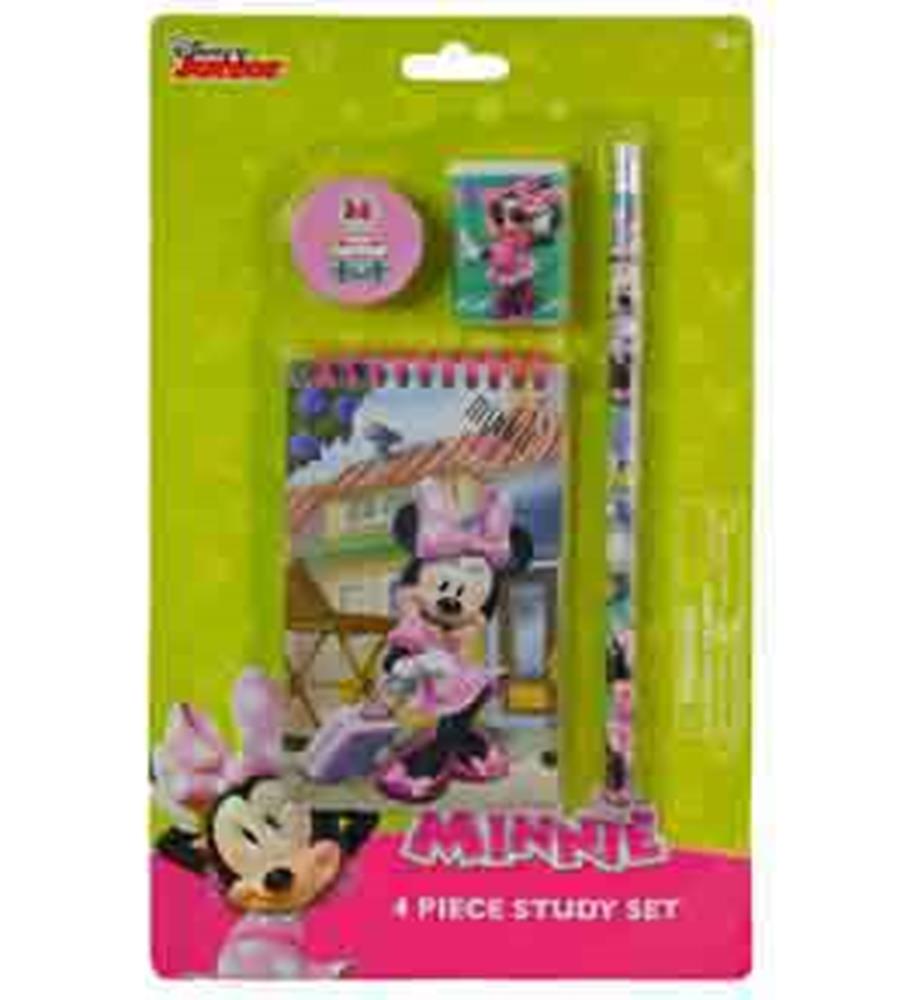 Minnie Mouse 4-piece study set with spiral notebook, pencil, eraser, and sharpener, featuring pink and Disney designs.