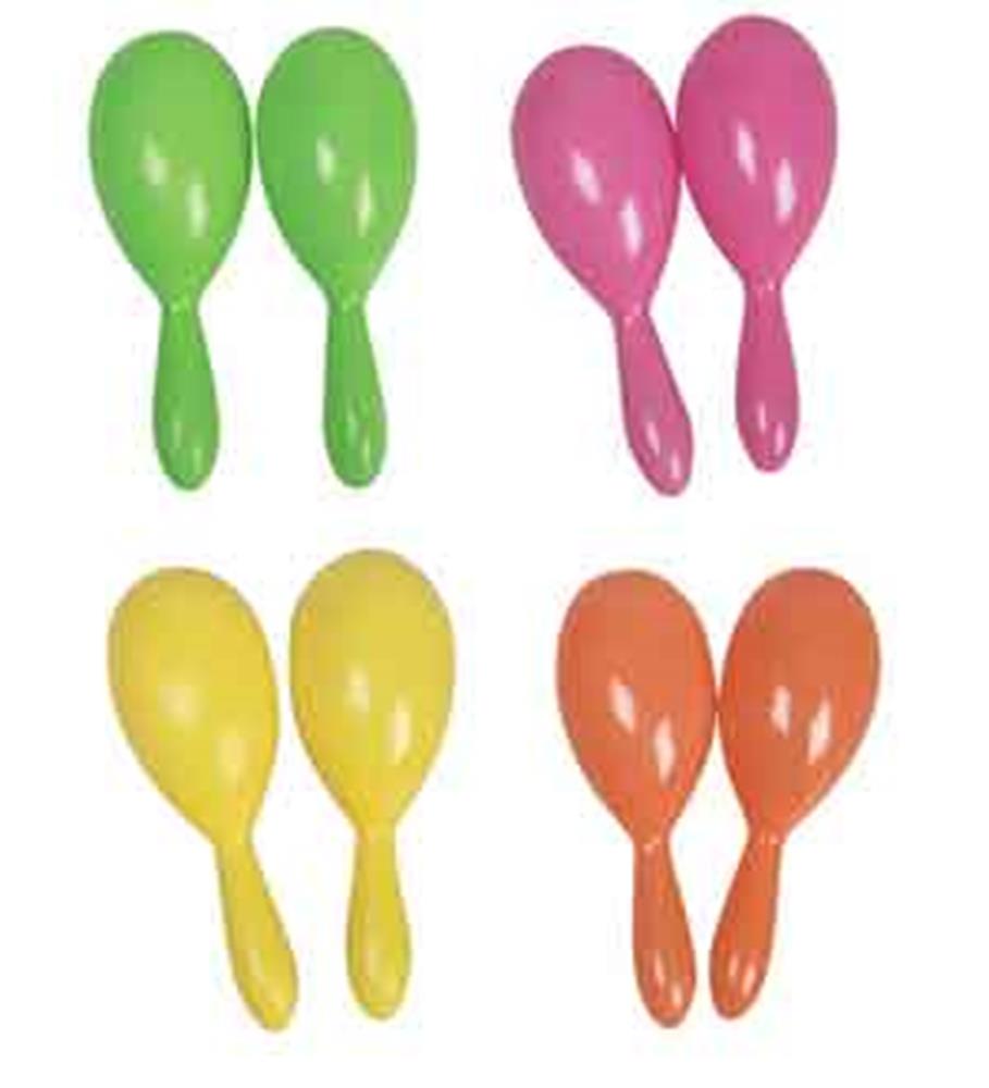 Sets of neon plastic maracas in green, pink, yellow, and orange with rounded handles, 7 inches long.