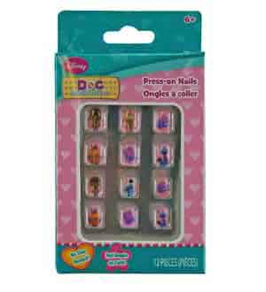 Doc Mcstuffins-themed press-on nail set with colorful cartoon character designs on clear plastic nails in blister packaging.