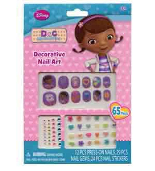 Doc McStuffins-themed decorative nail stickers with colorful gems and character designs in pink packaging.