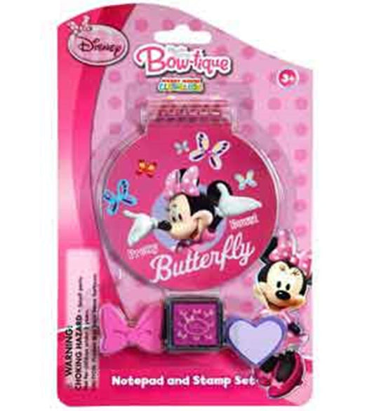 Pink Minnie Mouse-themed notepad and stamp set with butterfly and heart-shaped stamps, packaged in a pink, bow-topped.