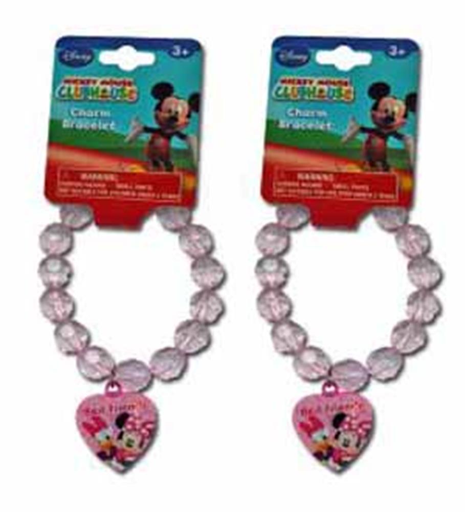 Pink beaded bracelet with heart-shaped Minnie Mouse charm featuring a birthday theme.