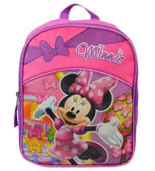 Pink and purple 11-inch mini backpack featuring Minnie Mouse with a polka-dot bow and flowers.