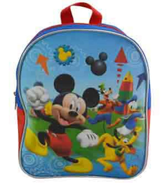 Blue and red 11-inch mini backpack featuring Mickey Mouse and friends with colorful Disney graphics.