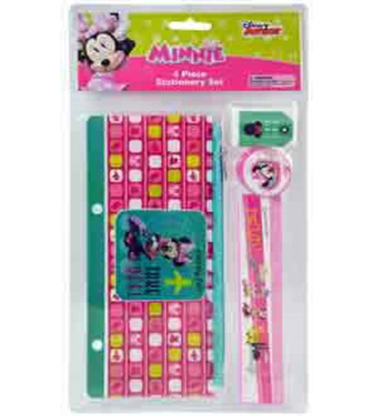 Pink Minnie Mouse-themed stationery set with patterned notebook, ruler, eraser, and sharpener in clear packaging.