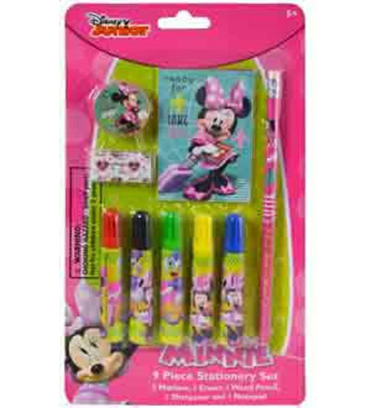 9-piece Minnie Mouse stationery set with colorful pens, eraser, ruler, and notepad in pink and green packaging.