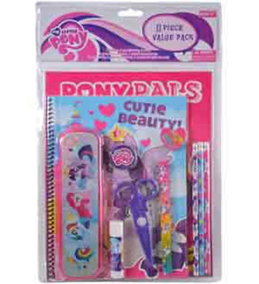 Pink plastic pencil case set featuring My Little Pony characters with scissors, glue stick, ruler, and pens.