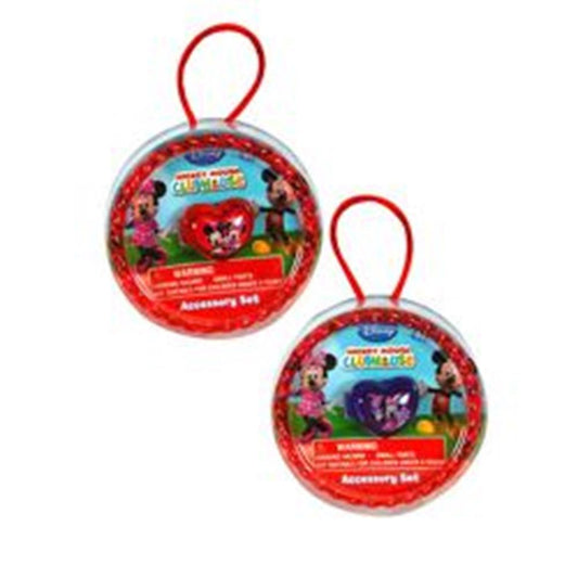 Round clear plastic case with red handle contains Minnie Mouse-themed girls’ accessories set with red and purple items.