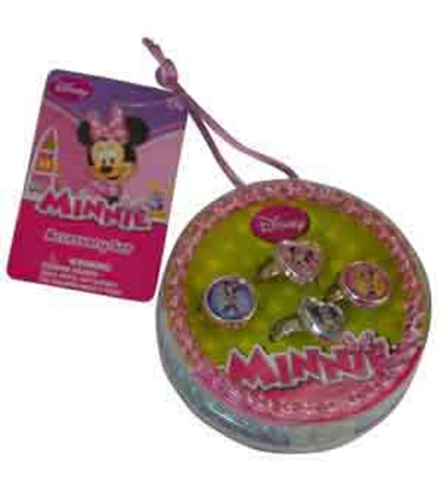 Set of Minnie Mouse-themed bangles and rings in pink and silver tones, packaged in round clear plastic case with bright pink