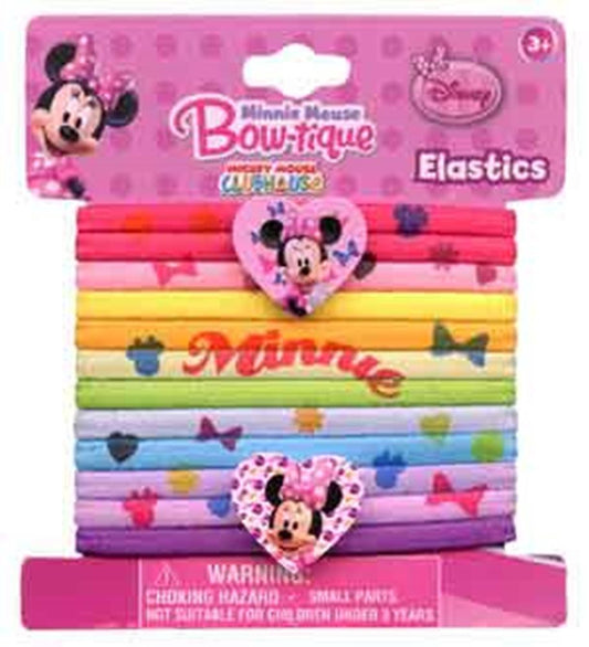 Set of 12 colorful Minnie Mouse printed hair elastics with bows, featuring pink, red, yellow, purple, and blue tones.