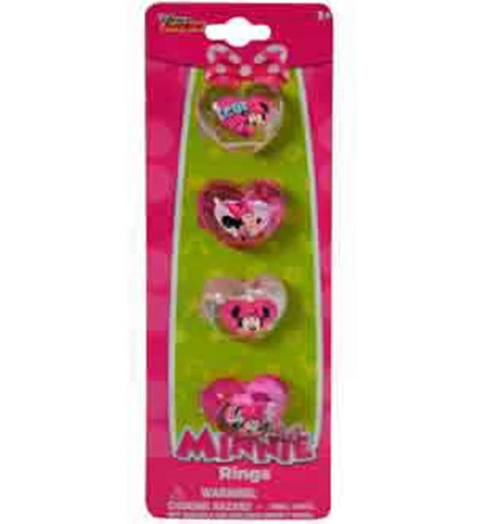 Set of four pink plastic rings featuring Minnie Mouse designs with hearts and bows on a bright pink and green card.