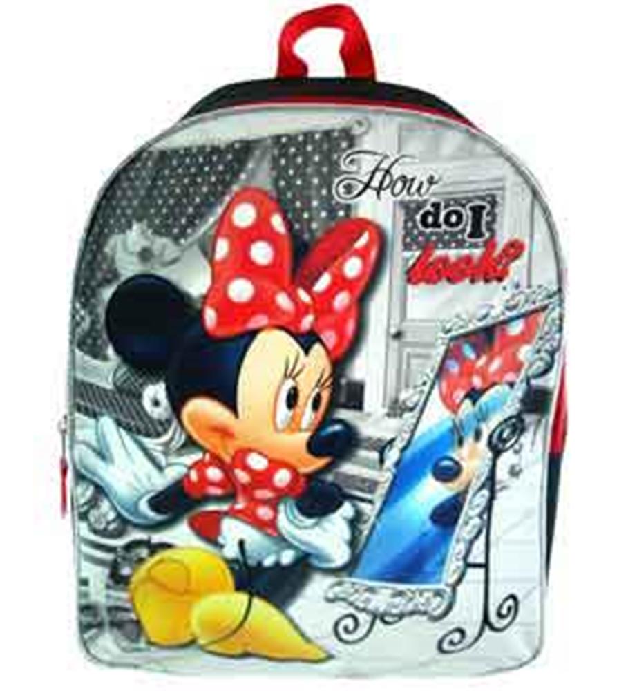 White and gray Minnie Mouse backpack with red polka dot bow and "How do I look?" text, 16 inches.