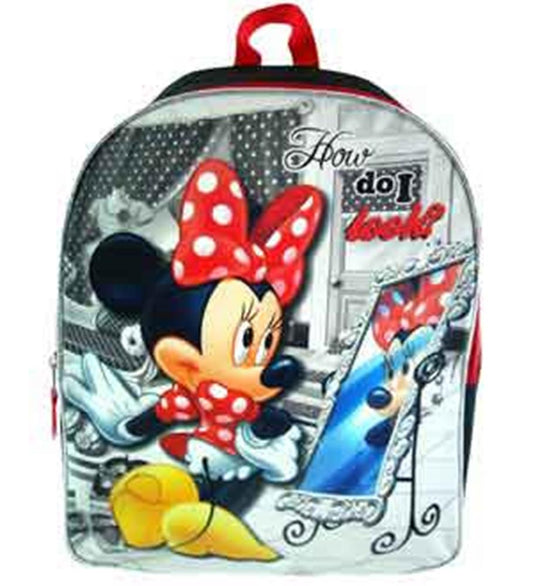 White and gray Minnie Mouse backpack with red polka dot bow and "How do I look?" text, 16 inches.