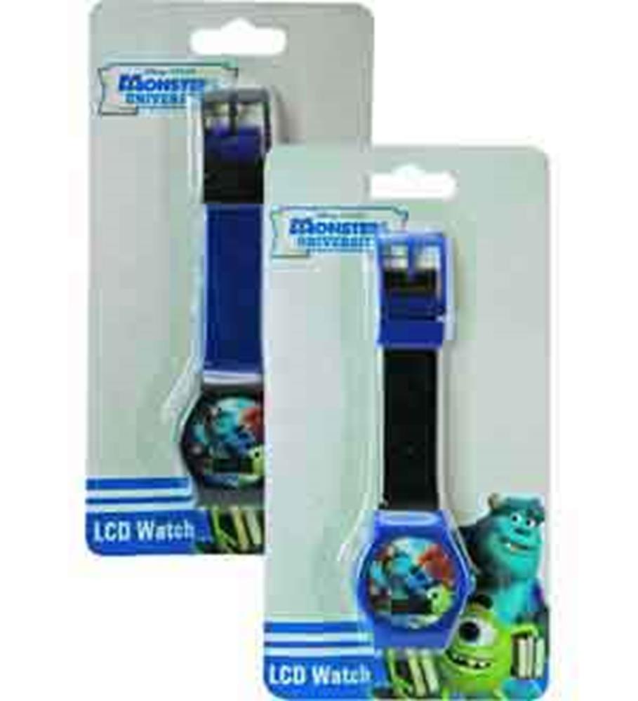 Monsters University digital watch with blue strap and colorful character-themed LCD face.