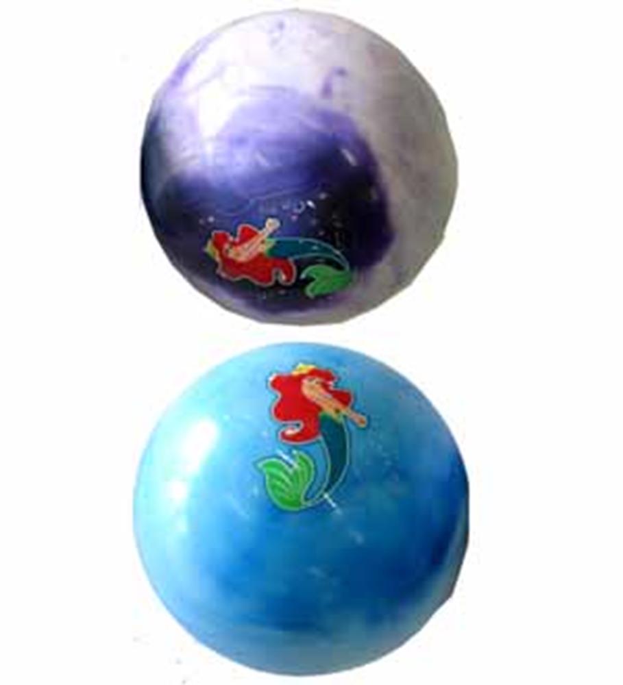 Two 5-inch round play balls with glossy finishes, one purple and one blue, each featuring a small red-haired mermaid graphic.