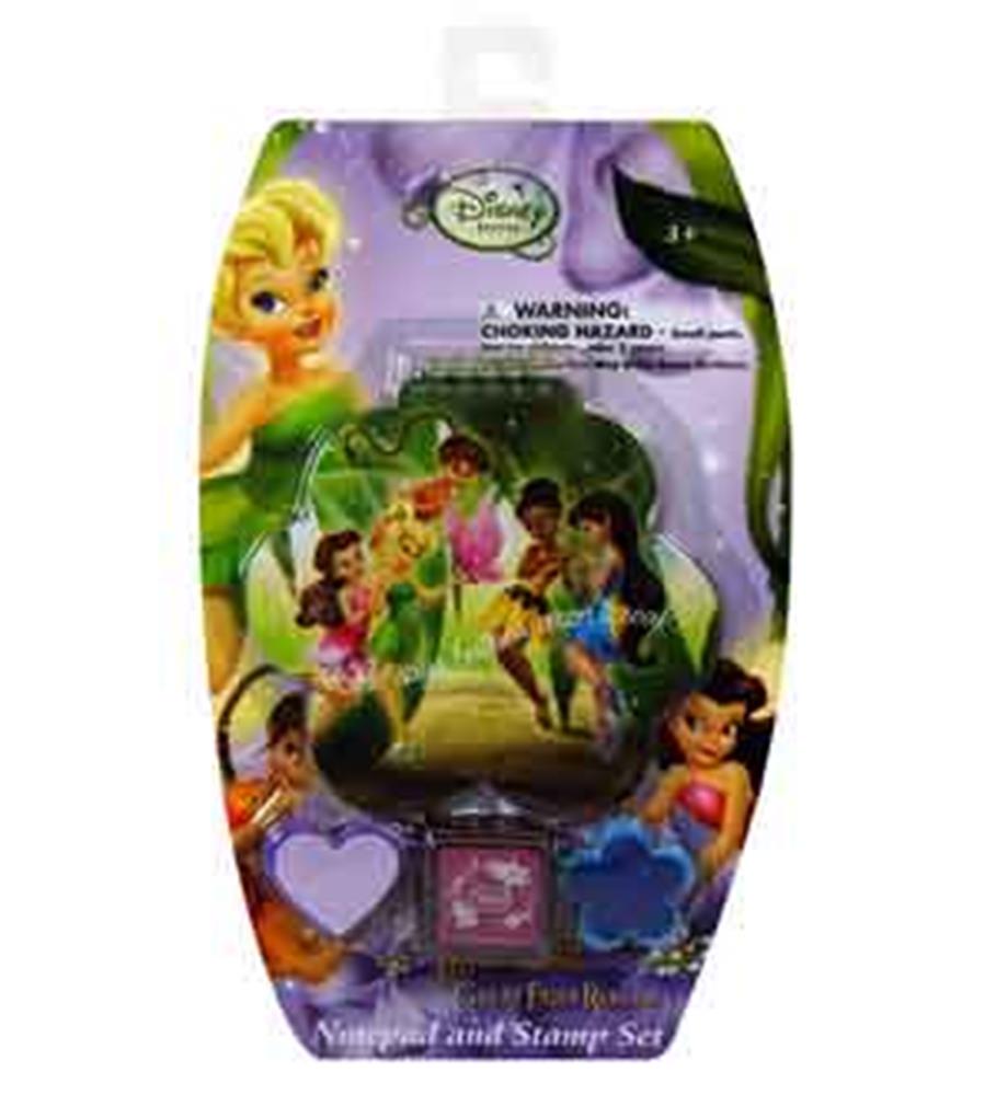 Tinkerbell-themed notepad with heart and star shapes and three colorful stamps featuring Disney fairy characters in bright.