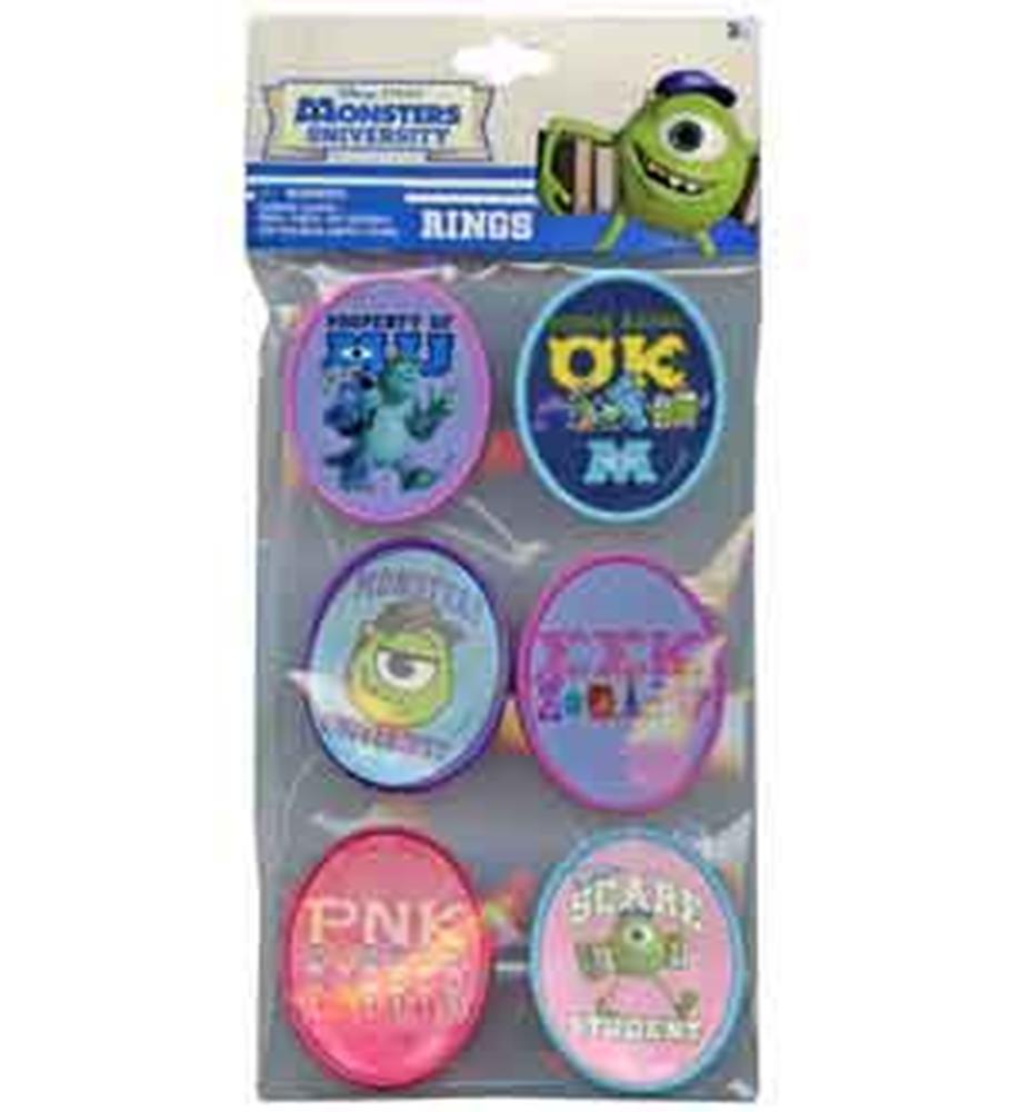 Set of six round Monsters University cupcake topper rings featuring colorful designs of characters Mike, Sulley, and others.