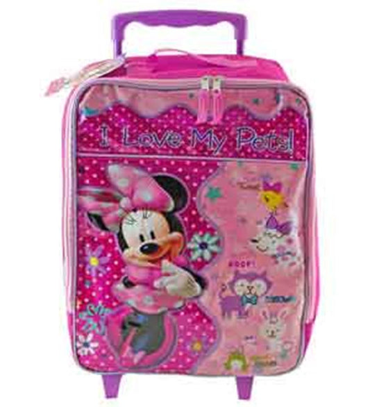 Pink hard-shell Minnie Mouse rolling luggage with purple handle and colorful polka dot design.