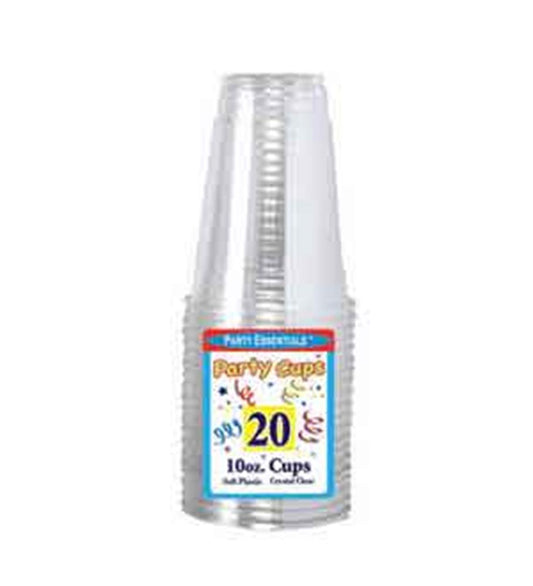 Stack of clear 10oz soft plastic party cups with colorful label on front.