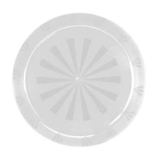 Round clear plastic serving tray 12 inches with radial pattern on base.