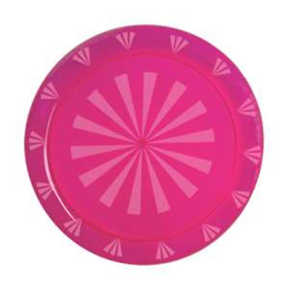 Round neon pink serving tray with a 12-inch diameter and geometric radial design.