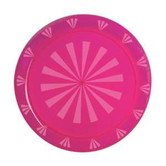 Round neon pink serving tray with a 12-inch diameter and geometric radial design.