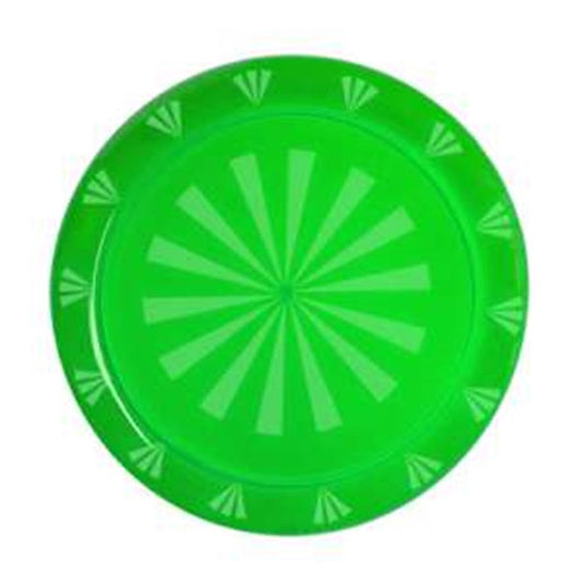 Round neon green plastic tray with radial stripe and fan designs, 12 inches diameter.