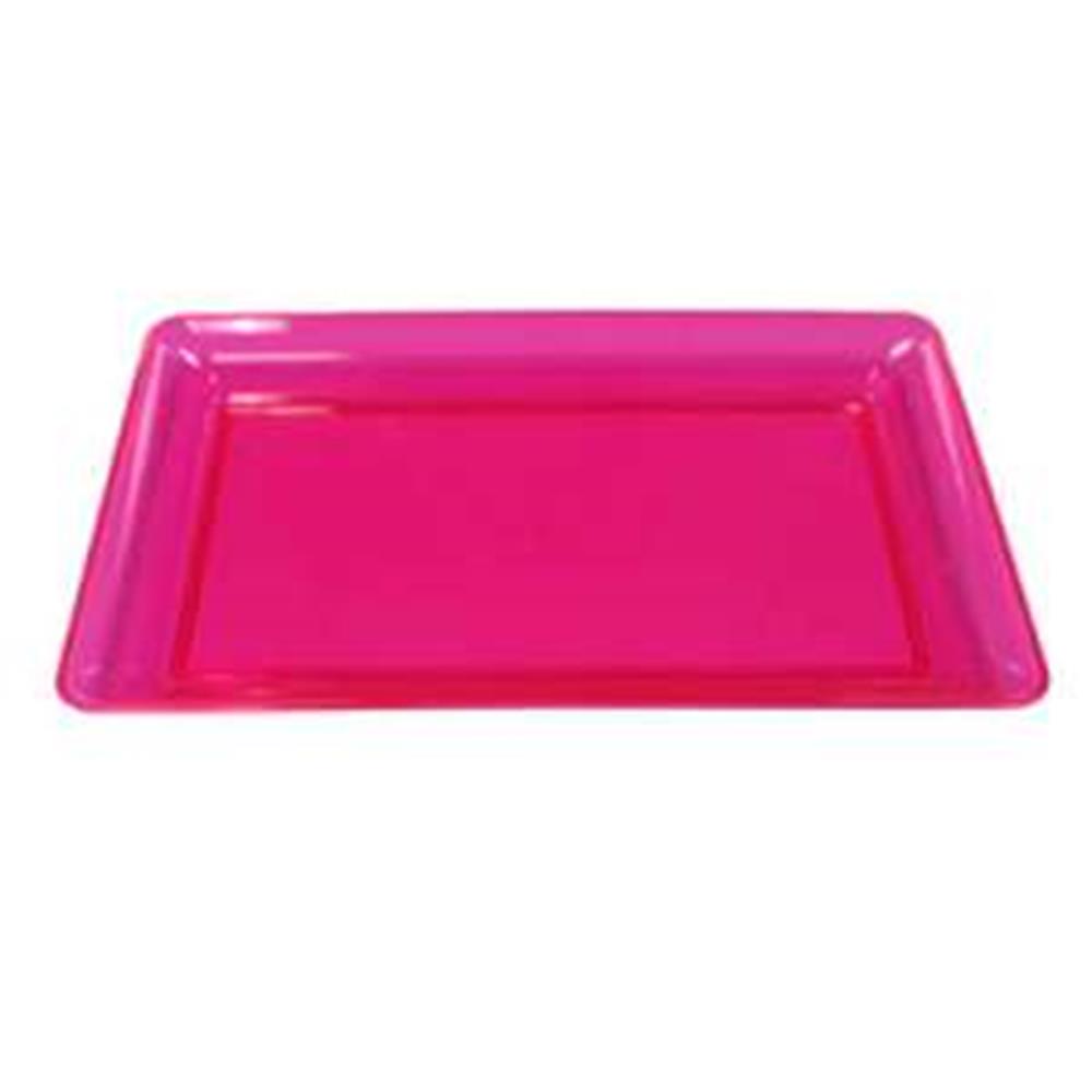 Rectangular neon pink plastic serving tray with raised edges, 12 by 18 inches.