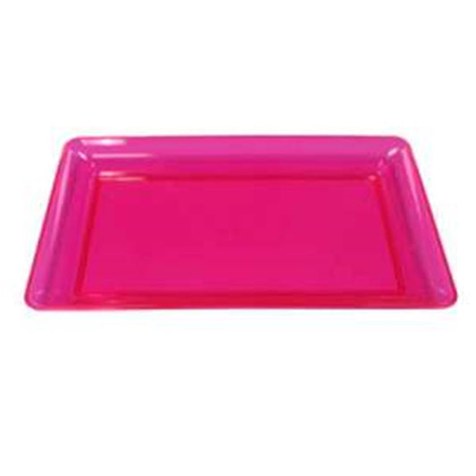 Rectangular neon pink plastic serving tray with raised edges, 12 by 18 inches.