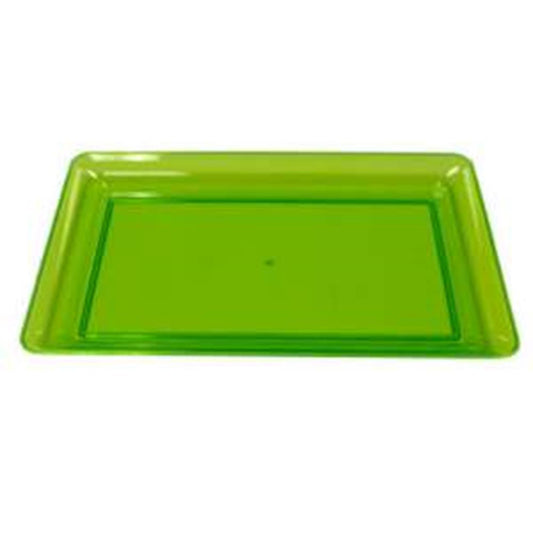 Rectangular neon green plastic serving tray with raised edges, 12 by 18 inches.