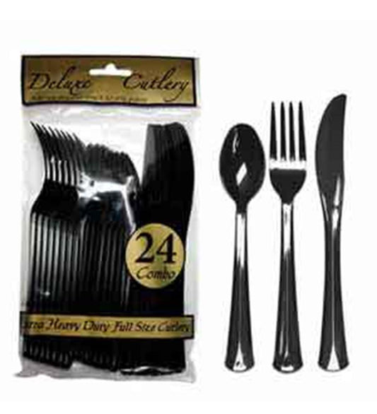 Black plastic combo cutlery set with 24 pieces including knives, forks, and spoons in clear packaging.