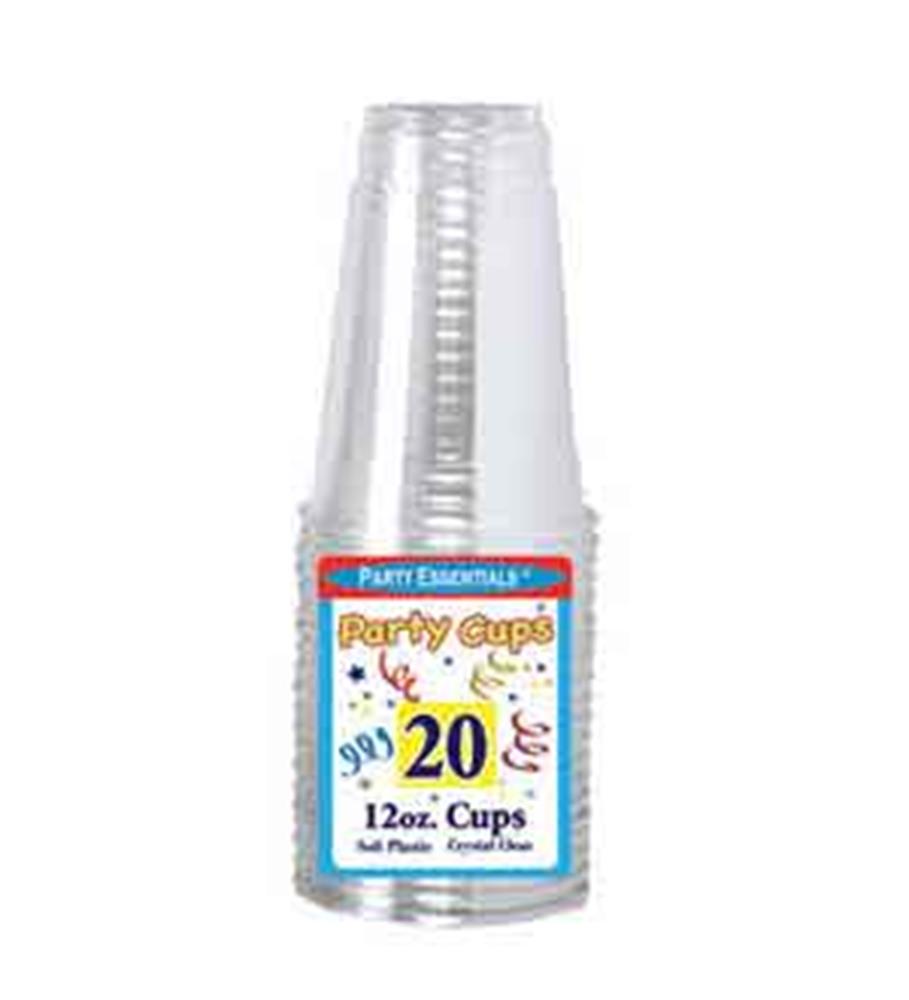 Stack of clear, smooth plastic cups with 12oz capacity, packaged in a 20-count set.