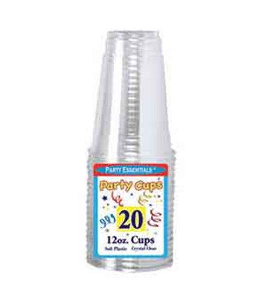 Stack of clear, smooth plastic cups with 12oz capacity, packaged in a 20-count set.