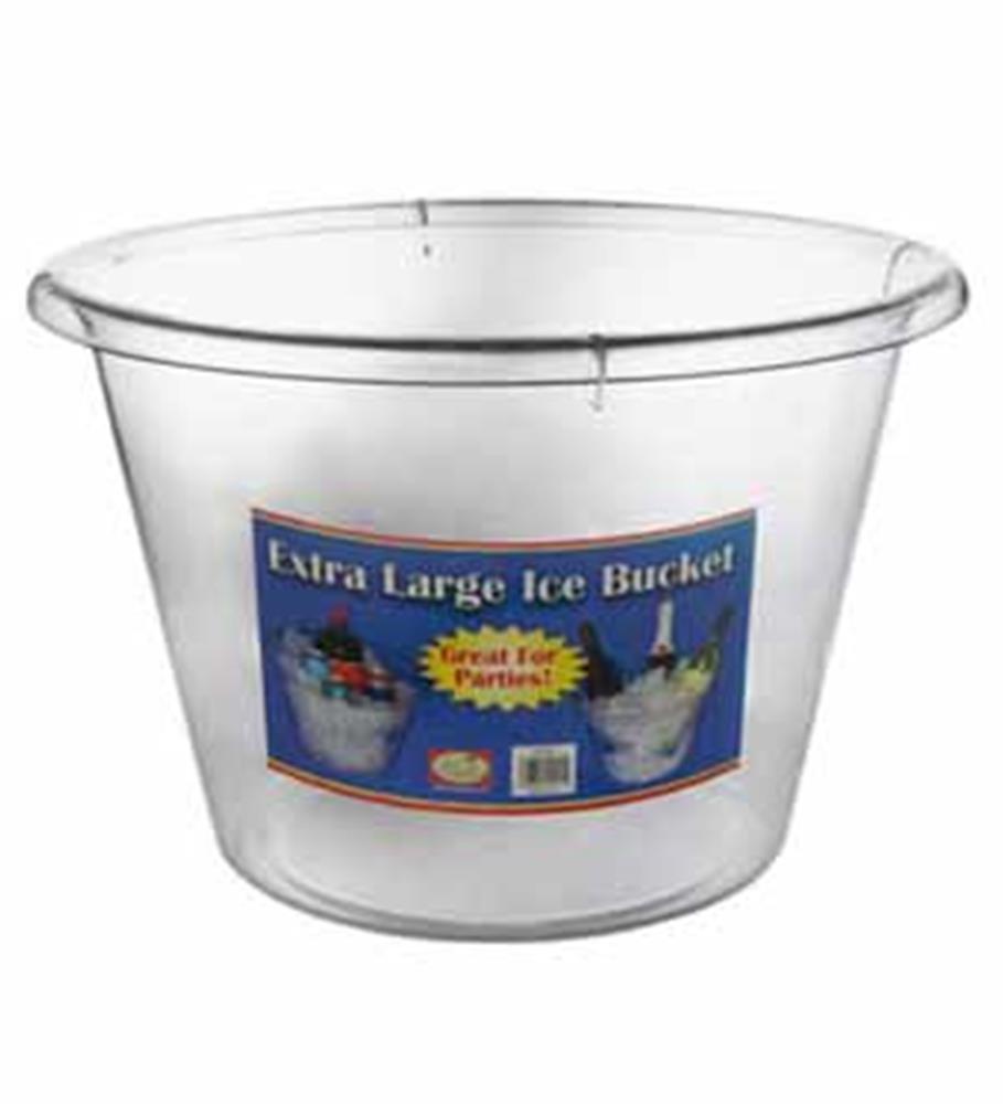 Clear extra large ice bucket with 10-quart capacity, made of transparent plastic, wide round shape.