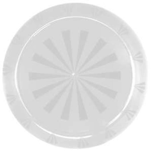 Clear round plastic tray with a 16-inch diameter and subtle radial design at the center.