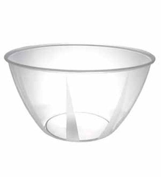 Clear round plastic bowl with wide rim and smooth surface, 160oz capacity.