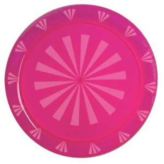 Round neon pink tray with a 16-inch diameter, featuring a radial geometric pattern and a glossy finish.