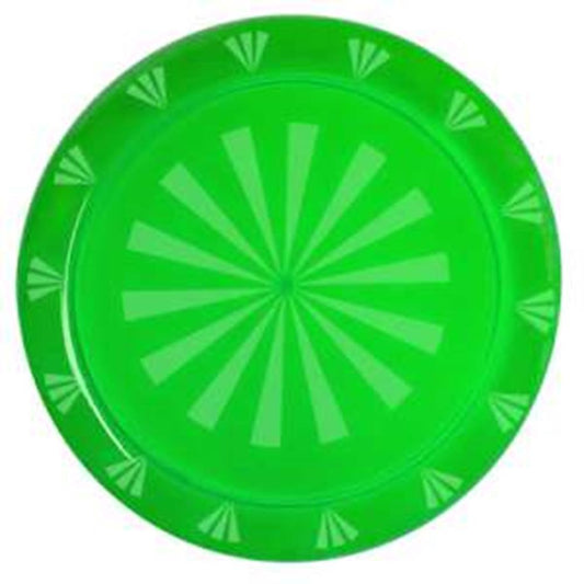 Round neon green plastic tray with a radial sunburst pattern and decorative border, 16 inches wide.