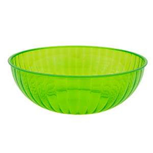 Bright neon green plastic bowl with smooth rounded edges and a fluted exterior design.