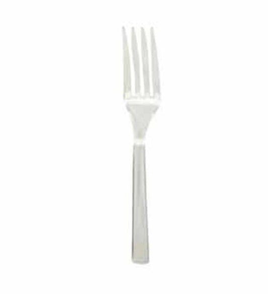 Single clear plastic fork with four tines and a simple, smooth handle.