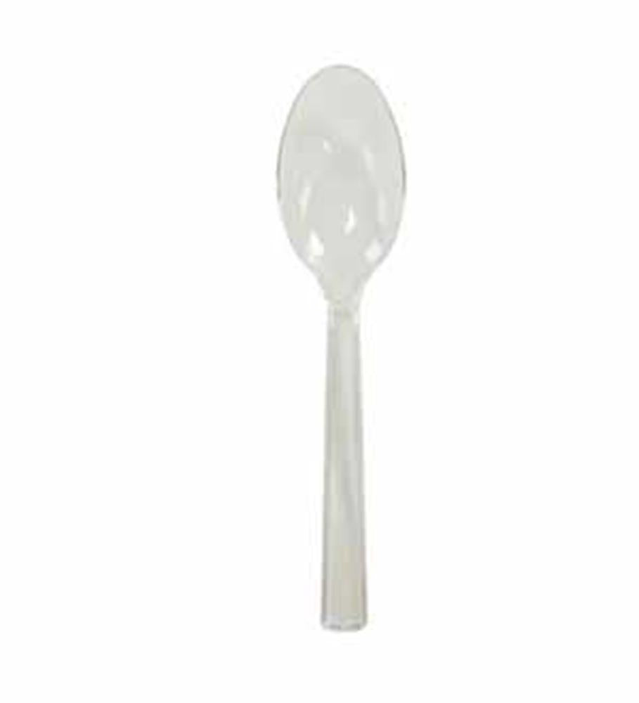 Clear plastic spoon with rounded bowl and straight handle, translucent material.