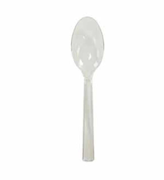 Clear plastic spoon with rounded bowl and straight handle, translucent material.